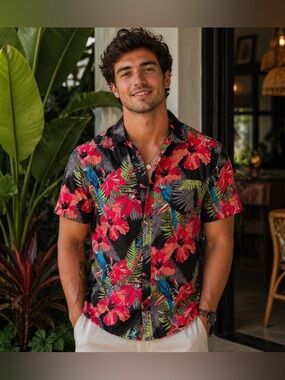 Decibel Mens Tropical Hawaiian Print Short Sleeve Button Shirt Beach Sz 2XL.VGUC